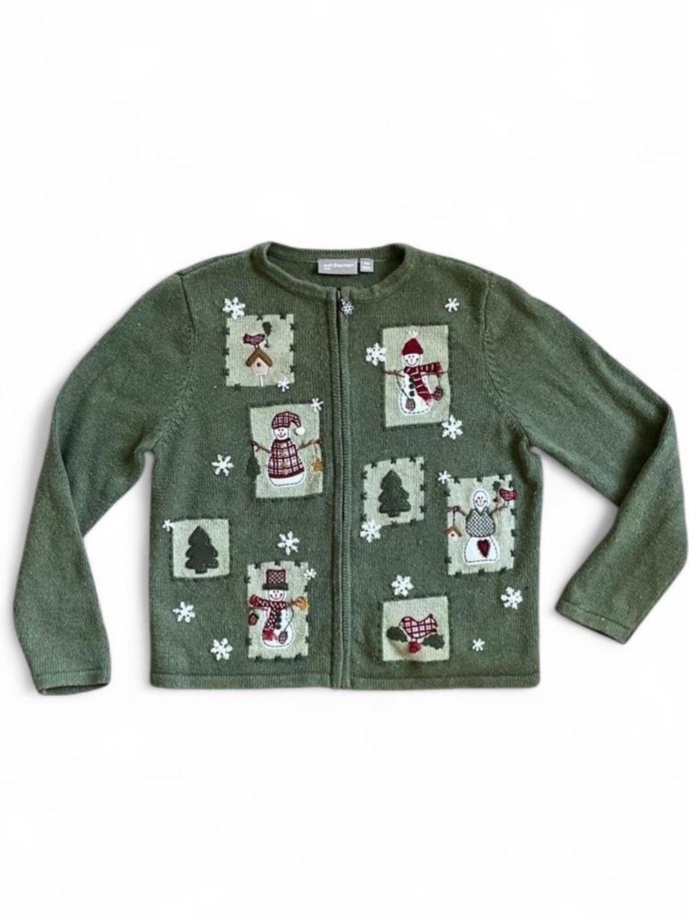 Vintage Green Holiday Snowman Cardigan Sweater